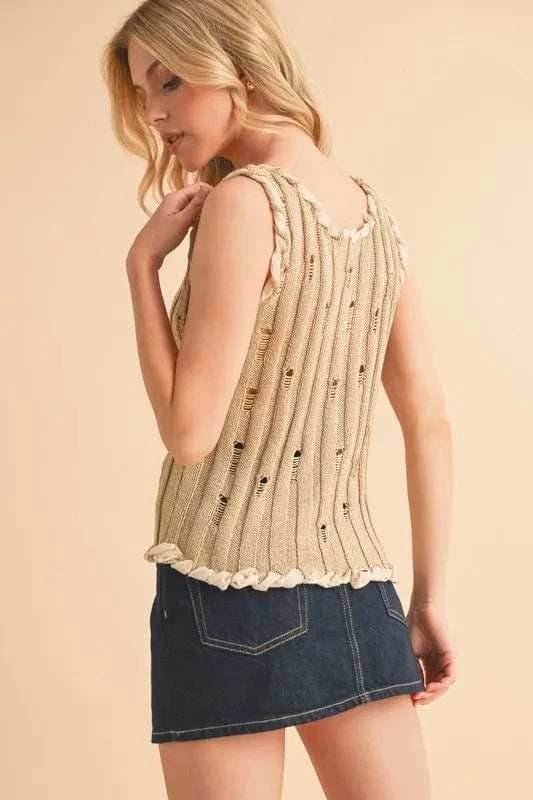 Aemi+Co Distressed Detail Round Neck Knit Tank - Trendsi - Flyclothing LLC