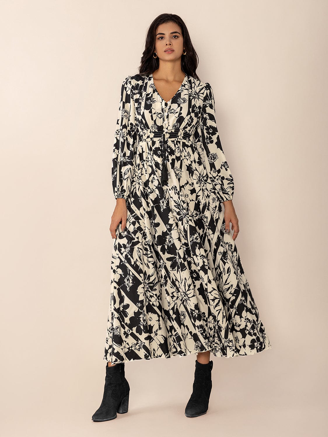 Tied Printed V-Neck Long Sleeve Midi Dress - Trendsi