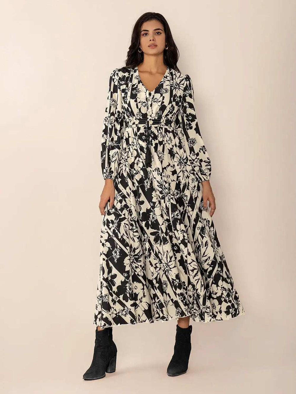 Tied Printed V-Neck Long Sleeve Midi Dress - Trendsi - Flyclothing LLC