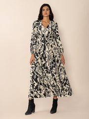 Tied Printed V-Neck Long Sleeve Midi Dress - Trendsi