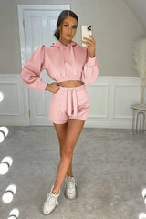 Drawstring Long Sleeve Hooded Top and Shorts Set - Trendsi - Flyclothing LLC