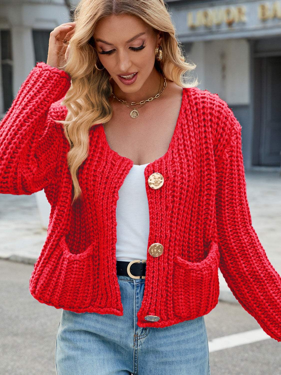 Round Neck Button Up Cardigan with Pockets - Trendsi - Flyclothing LLC