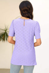 Eyelet Round Neck Short Sleeve T-Shirt - Trendsi - Flyclothing LLC