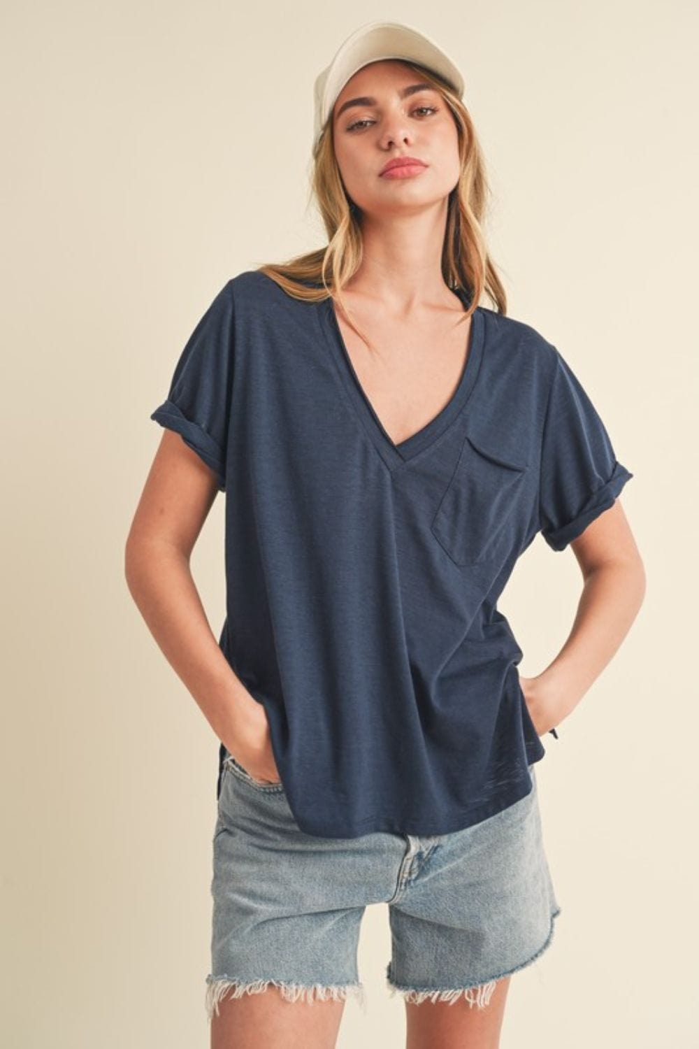 Aemi + Co Side Slit V-Neck Short Rolled Sleeve T-Shirt - Trendsi
