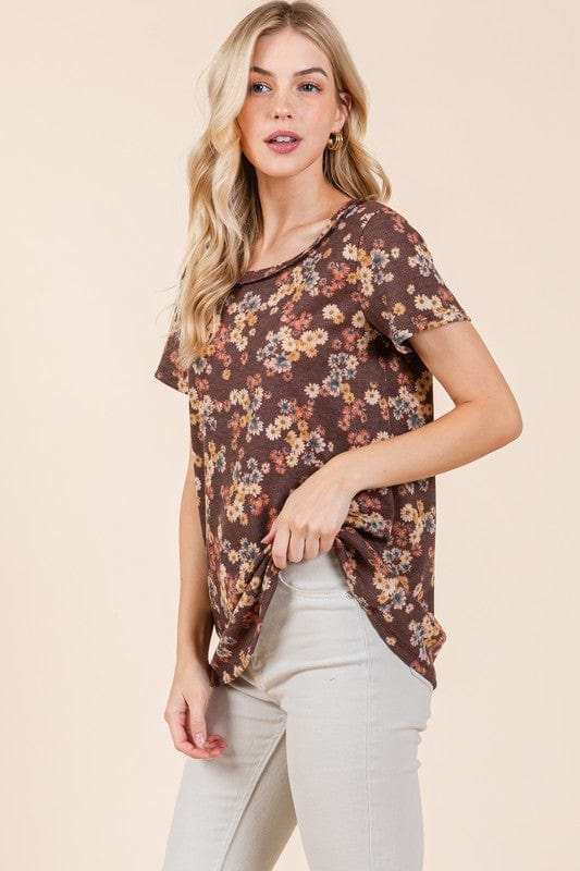 BOMBOM Lightweight Floral Round Neck Short Sleeve T-Shirt - Trendsi - Flyclothing LLC