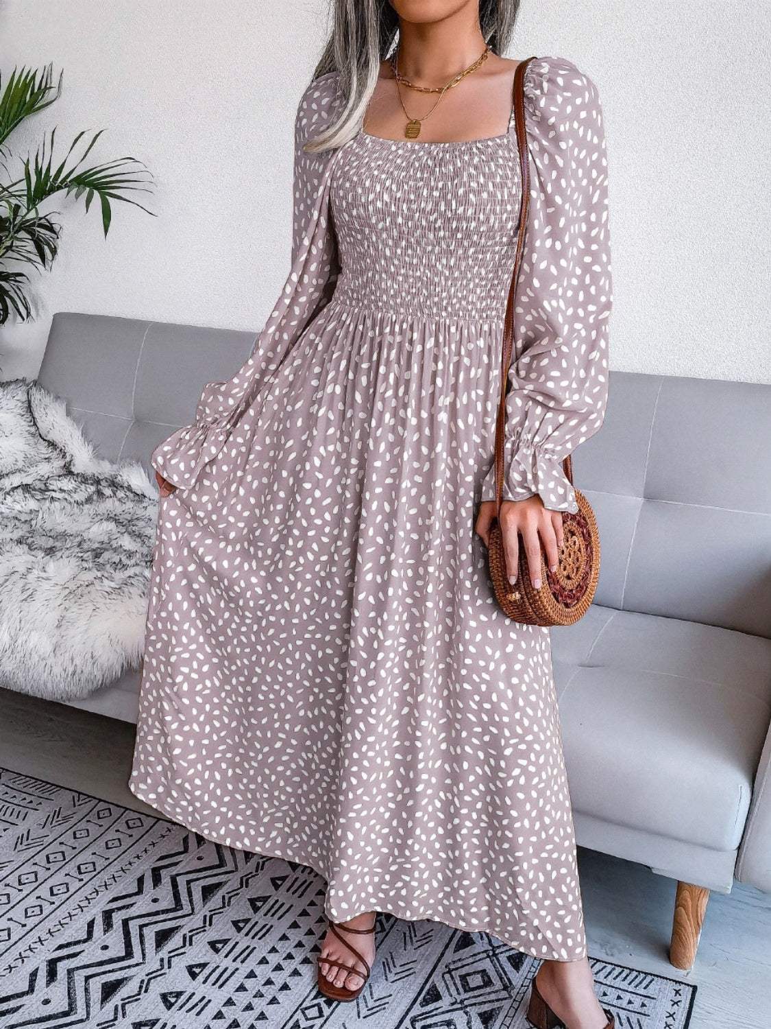 Smocked Square Neck Flounce Sleeve Dress - Trendsi - Flyclothing LLC