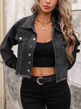 Studded Raw Hem Denim Jacket - Trendsi - Flyclothing LLC