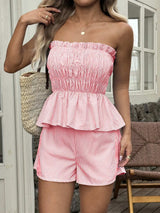 Striped Strapless Peplum Top and Shorts Two-Piece Set - Trendsi - Flyclothing LLC
