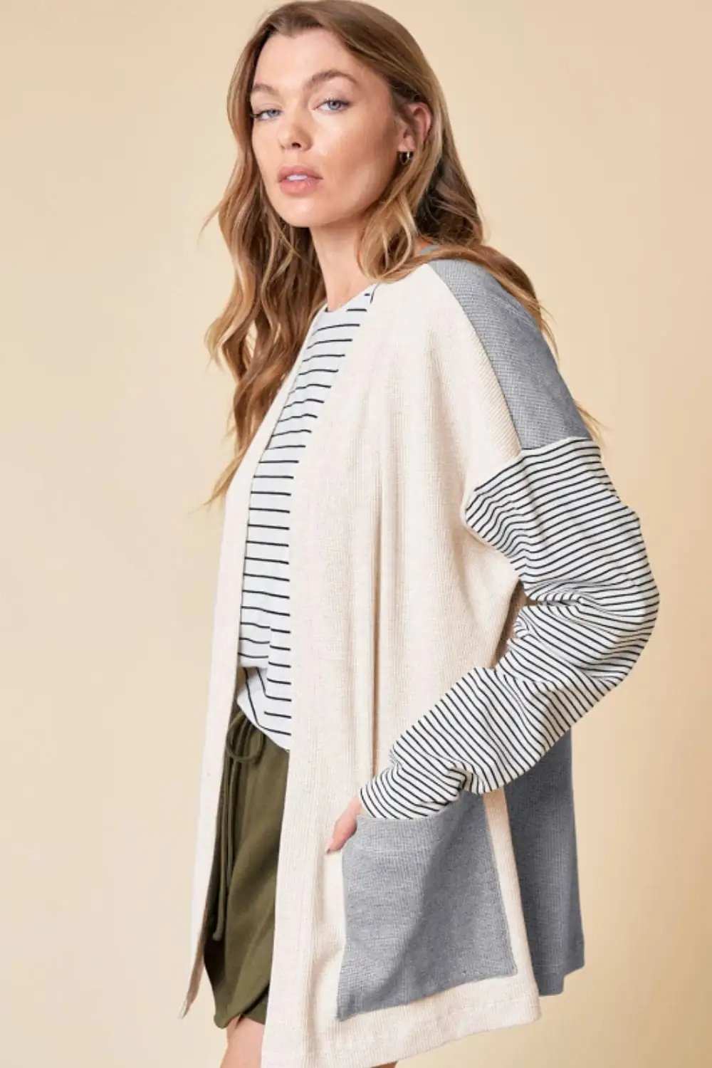 Open Front Long Sleeve Striped Cardigan with Pockets - Trendsi - Flyclothing LLC