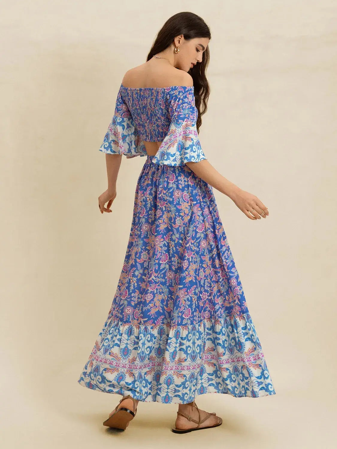 Smocked Off-Shoulder Printed Top and Skirt Set - Trendsi - Flyclothing LLC