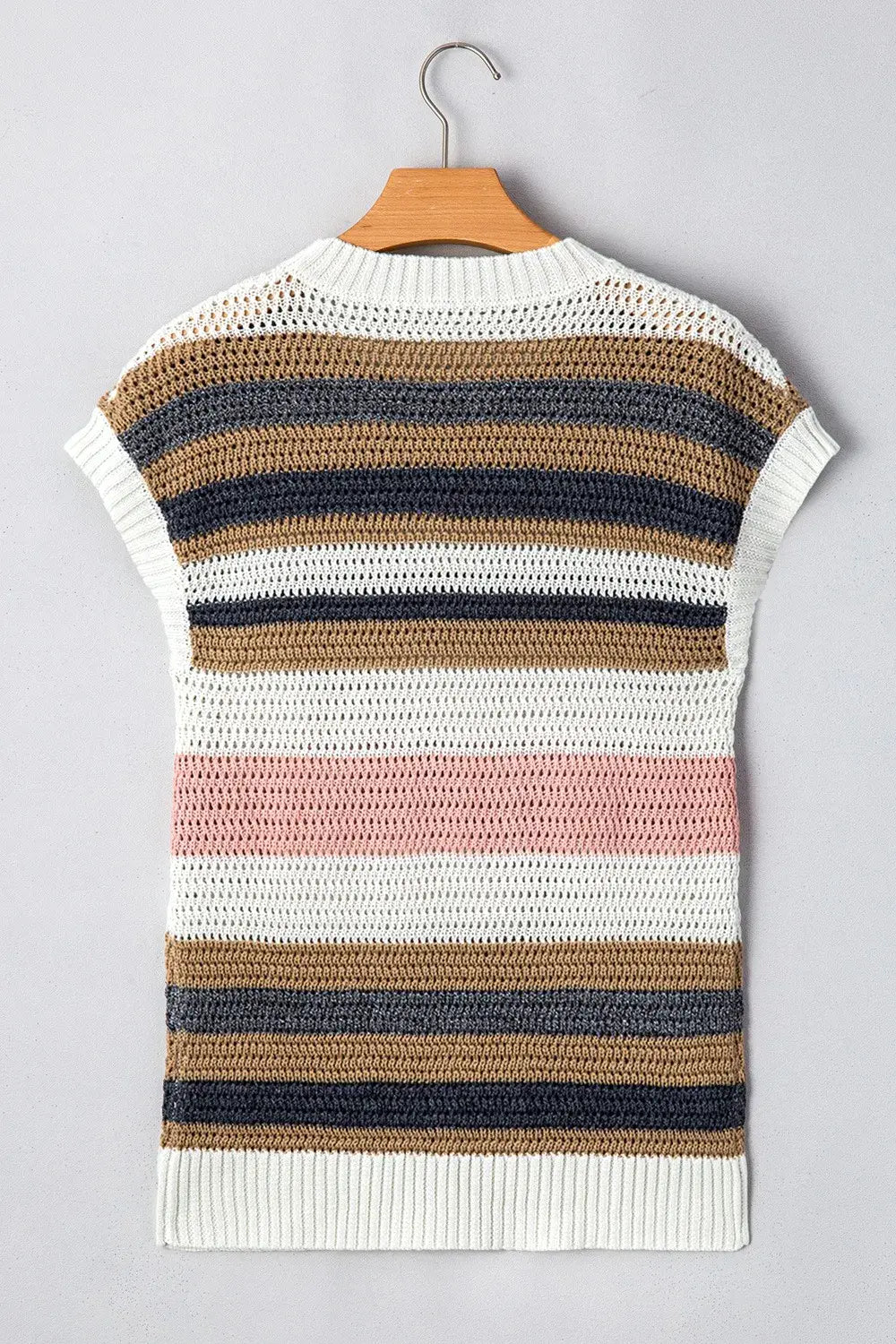 Stripe Color Block Eyelet Knit Short Sleeve Knit Top - Trendsi - Flyclothing LLC