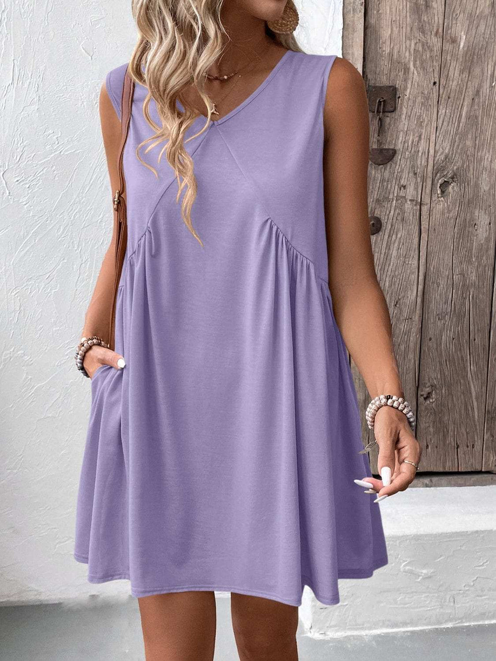 Ivy Lane Ruched V-Neck Sleeveless Mini Dress - Trendsi - Flyclothing LLC