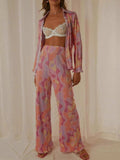 Printed Collared Neck Long Sleeve Top and Pants Lounge Set - Trendsi - Flyclothing LLC