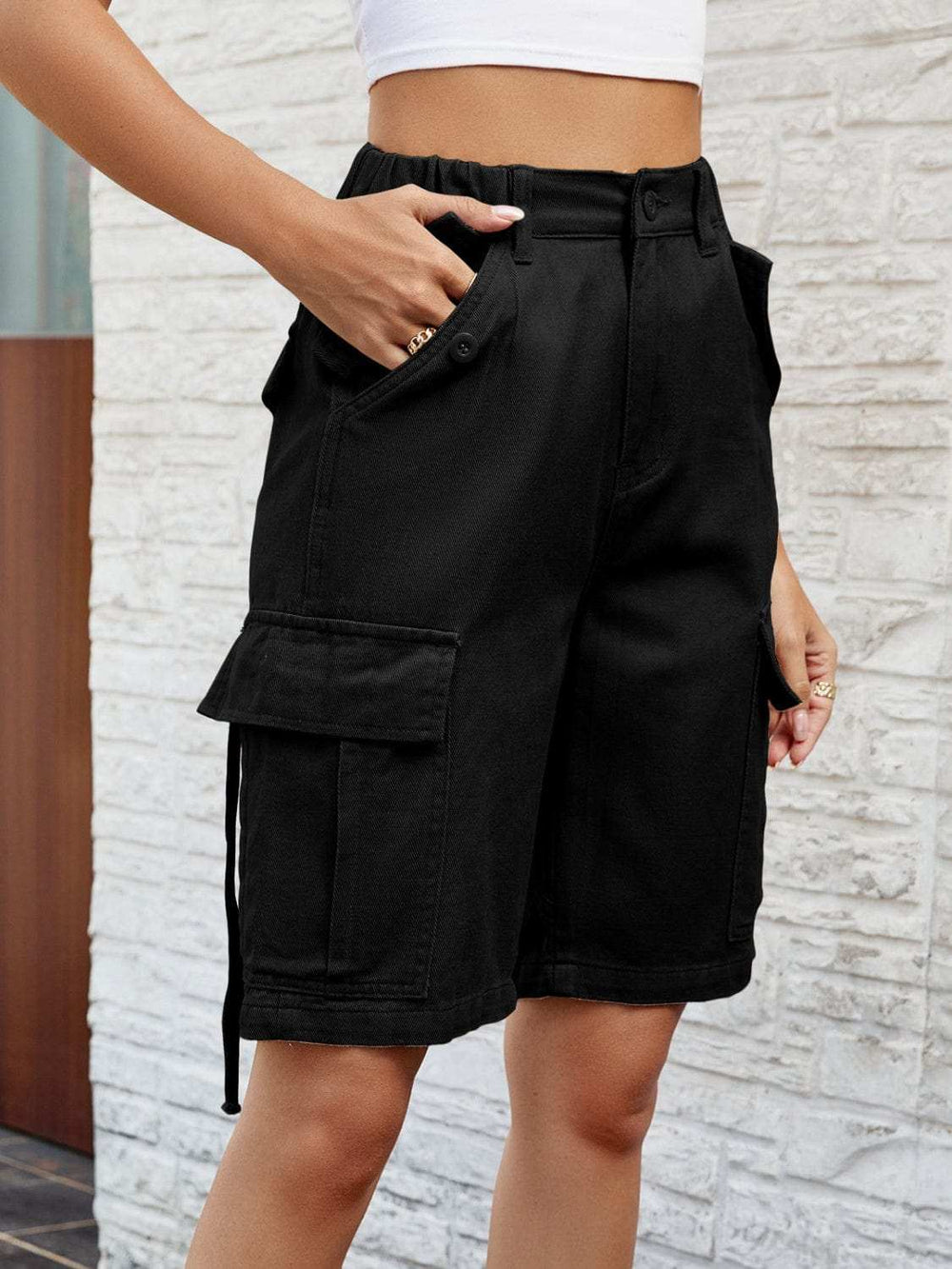 High Waist Denim Shorts with Pockets - Trendsi - Flyclothing LLC