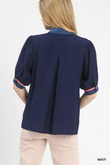 Umgee Embroidered Puff Sleeve Contrast Trim Top - Trendsi - Flyclothing LLC