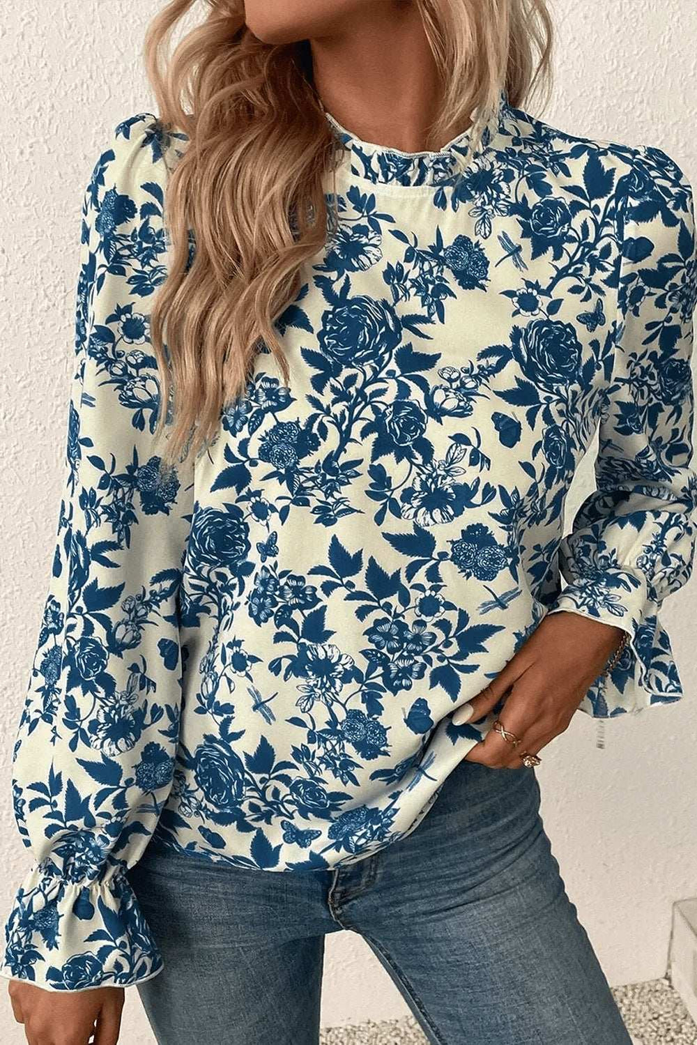 Printed Mock Neck Flounce Sleeve Blouse - Trendsi - Flyclothing LLC