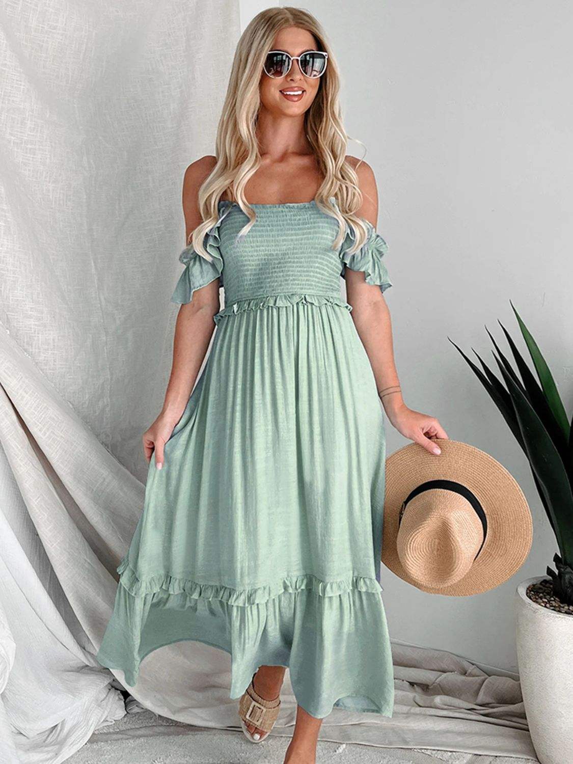 Frill Smocked Off-Shoulder Ruffle Sleeve Dress - Trendsi - Flyclothing LLC