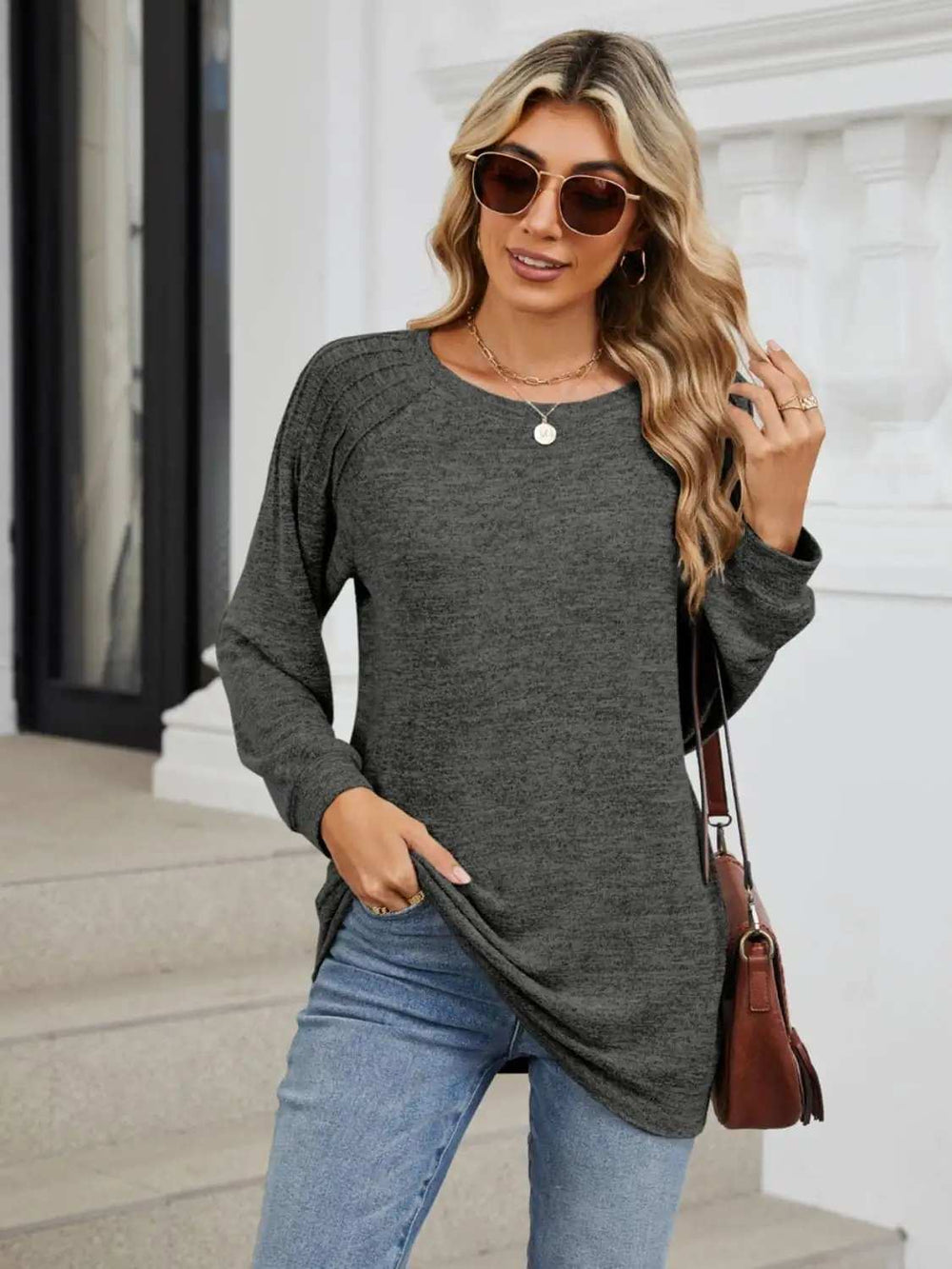 Round Neck Long Sleeve T-Shirt - Trendsi - Flyclothing LLC