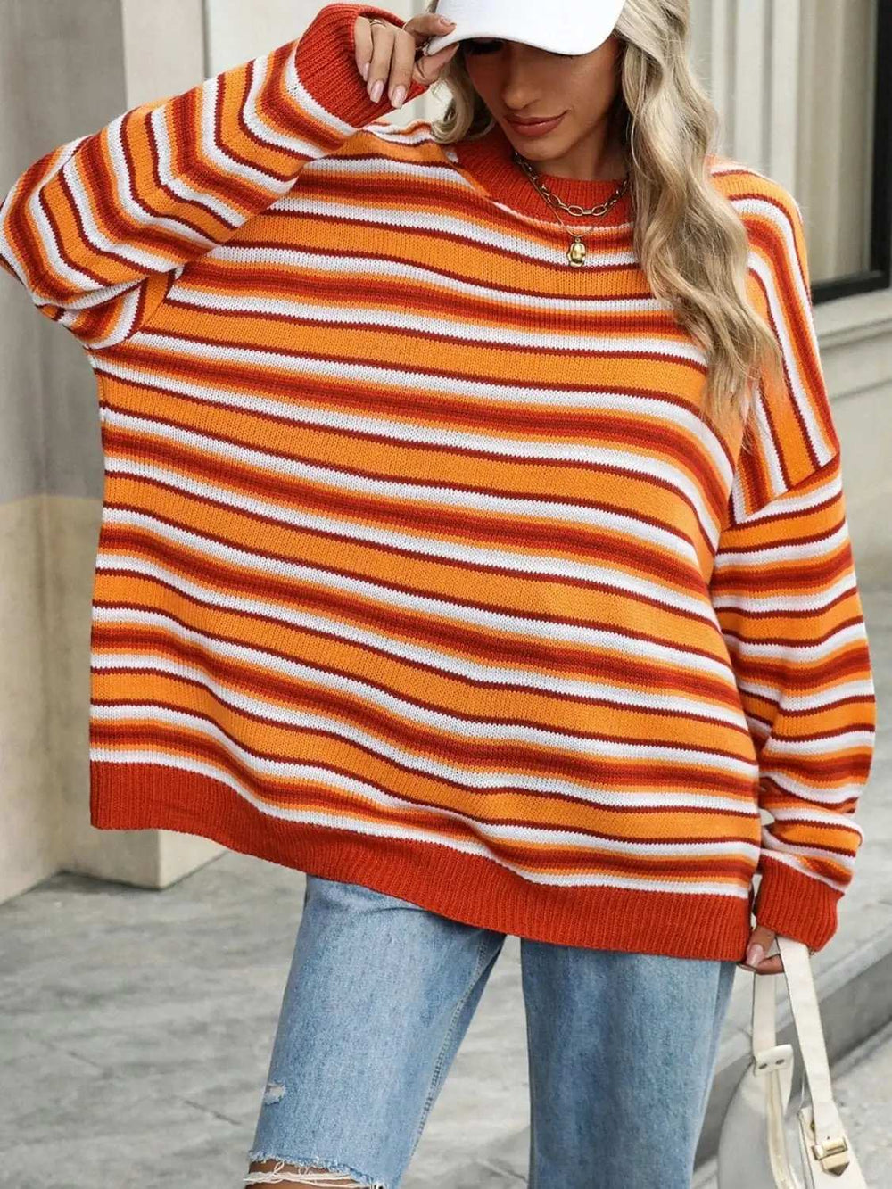 Striped Mock Neck Long Sleeve Sweater - Trendsi - Flyclothing LLC