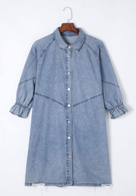 Distressed Collared Neck Flounce Sleeve Denim Dress - Trendsi - Flyclothing LLC
