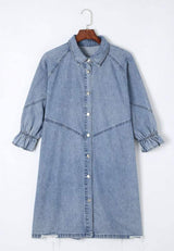 Distressed Collared Neck Flounce Sleeve Denim Dress - Trendsi - Flyclothing LLC