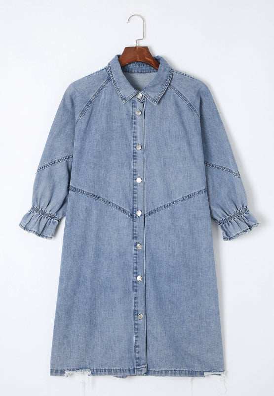 Distressed Collared Neck Flounce Sleeve Denim Dress - Trendsi - Flyclothing LLC