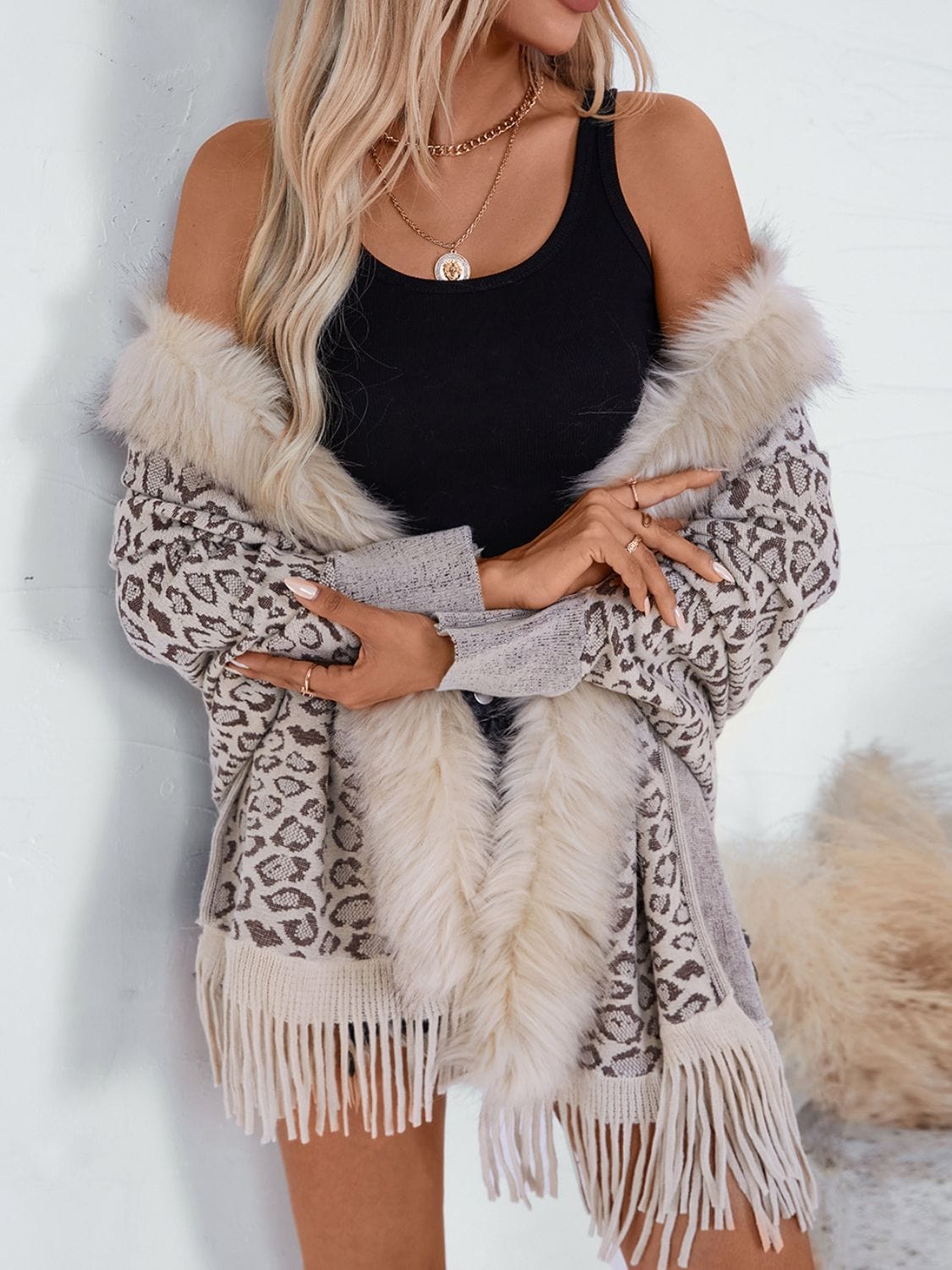 Fringe Leopard Open Front Long Sleeve Poncho - Trendsi