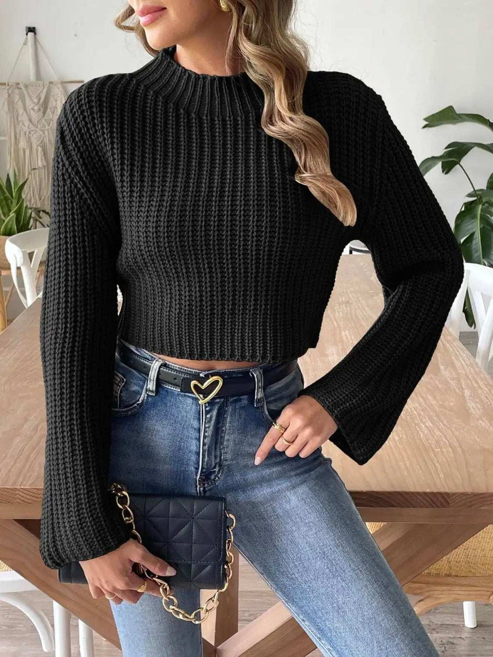Mock Neck Long Sleeve Sweater - Trendsi - Flyclothing LLC