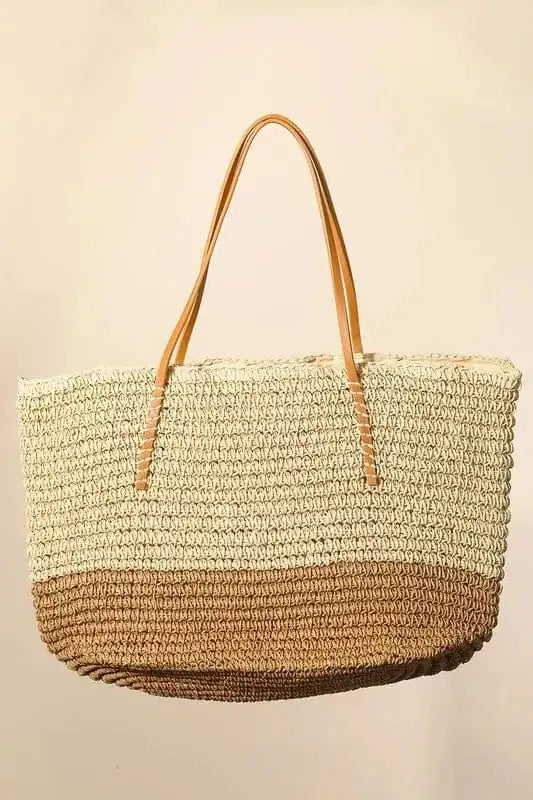 Fame Straw Braided Beach Tote Bag - Trendsi