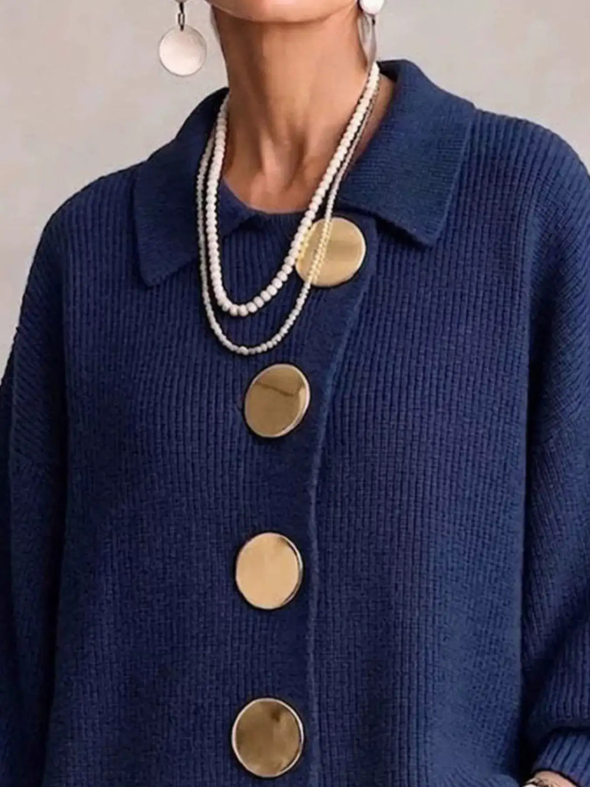 Full Size Gold Buttons Lantern Sleeve Cardigan Plus Size - Trendsi - Flyclothing LLC