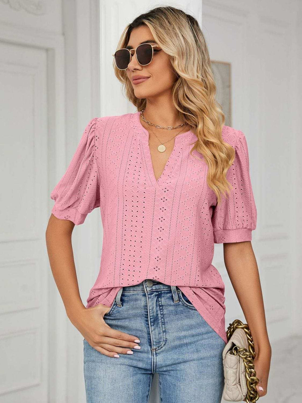 Florira Eyelet Notched Short Sleeve T-Shirt - Trendsi - Flyclothing LLC