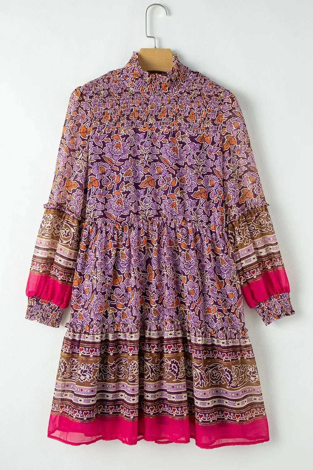 Smocked Floral Turtleneck Long Sleeve Dress - Trendsi - Flyclothing LLC