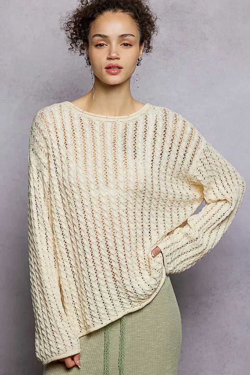 POL Openwork Round Neck Knit Top with Shiny Detail - Trendsi - Flyclothing LLC