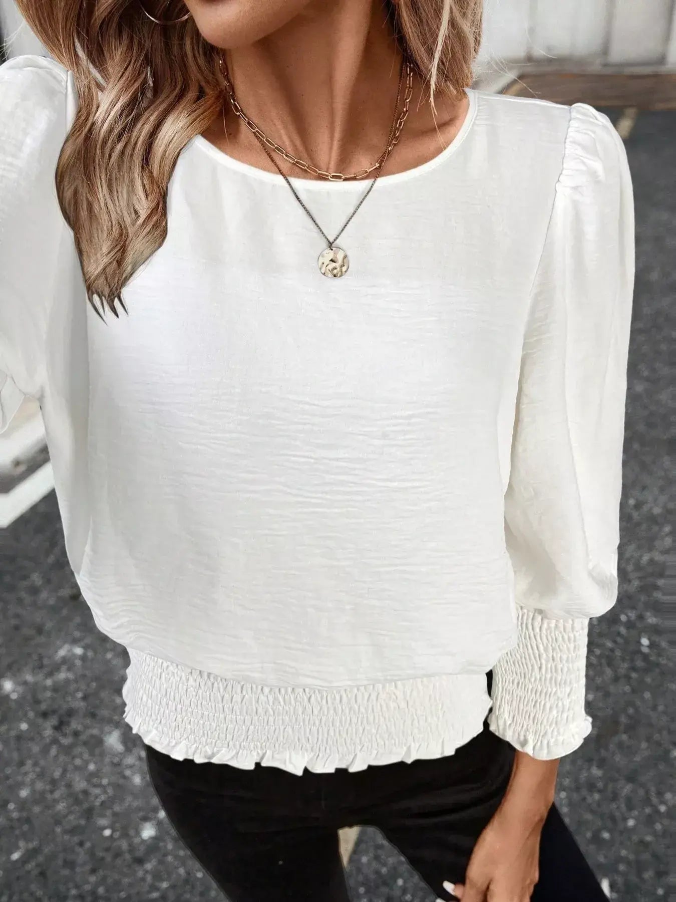 Smocked Waist Round Neck Blouse - Trendsi - Flyclothing LLC