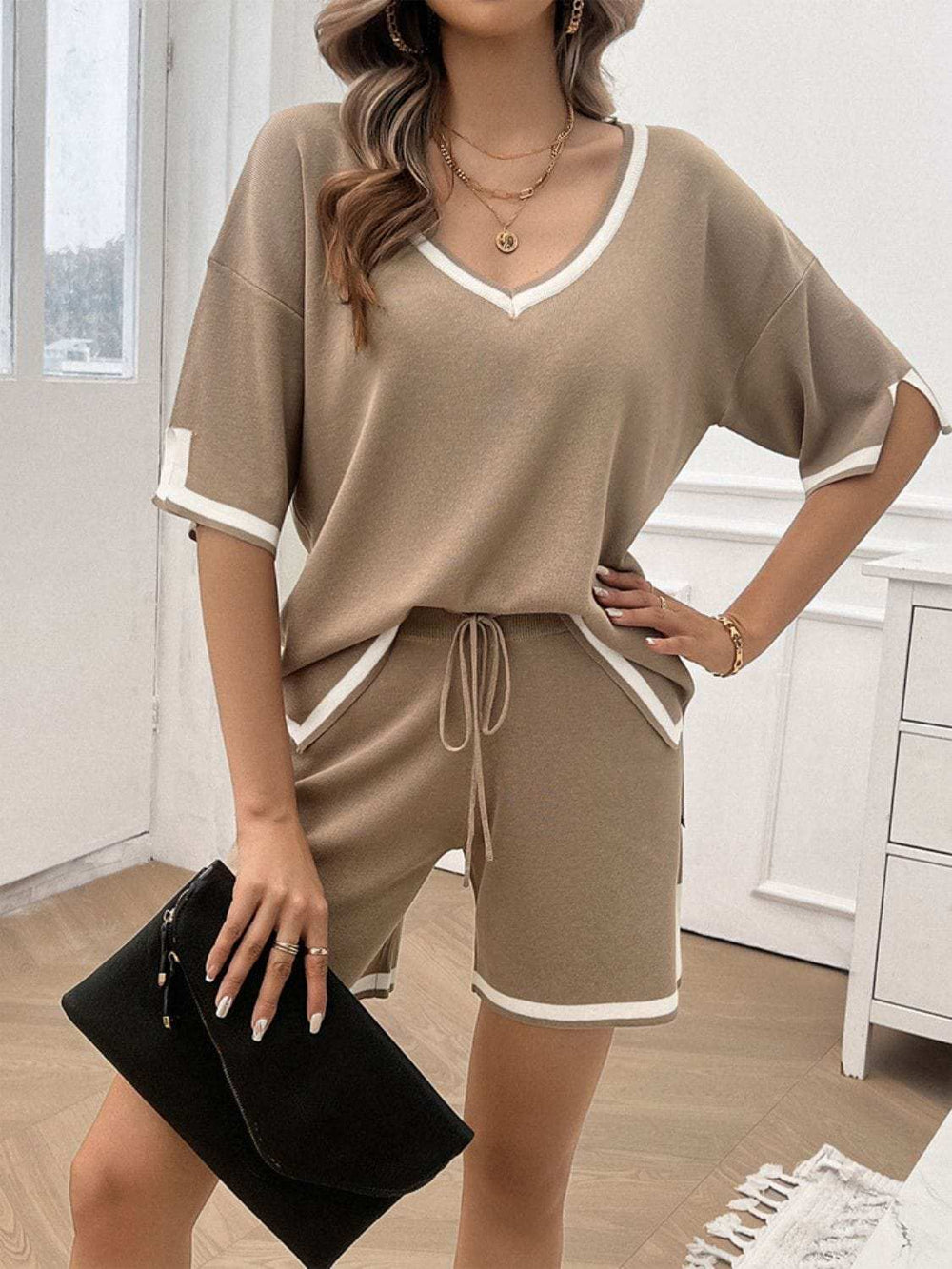 Contrast Trim V-Neck Top and Shorts Set - Trendsi - Flyclothing LLC