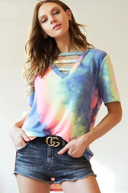 BiBi Tie-Dye V-Neck Short Sleeve T-Shirt - Trendsi - Flyclothing LLC