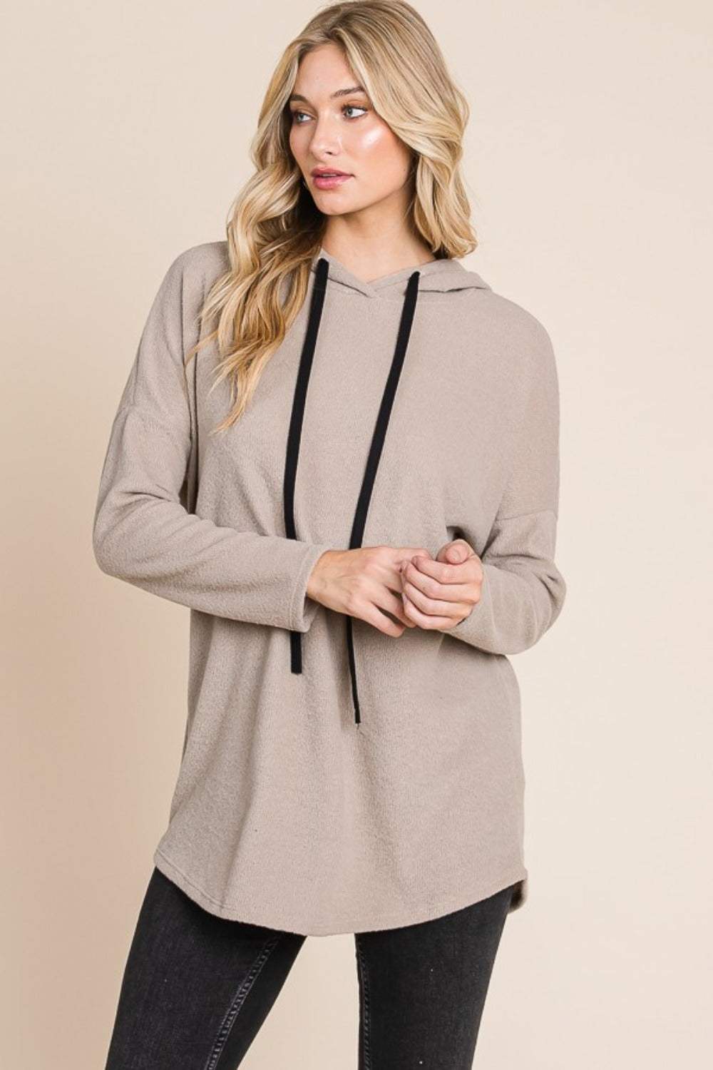 BOMBOM Contrast Drawstring Drop Shoulder Knit Hoodie - Trendsi - Flyclothing LLC