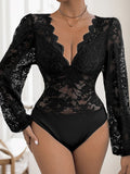 Perfee Lace Plunge Long Sleeve Bodysuit - Trendsi