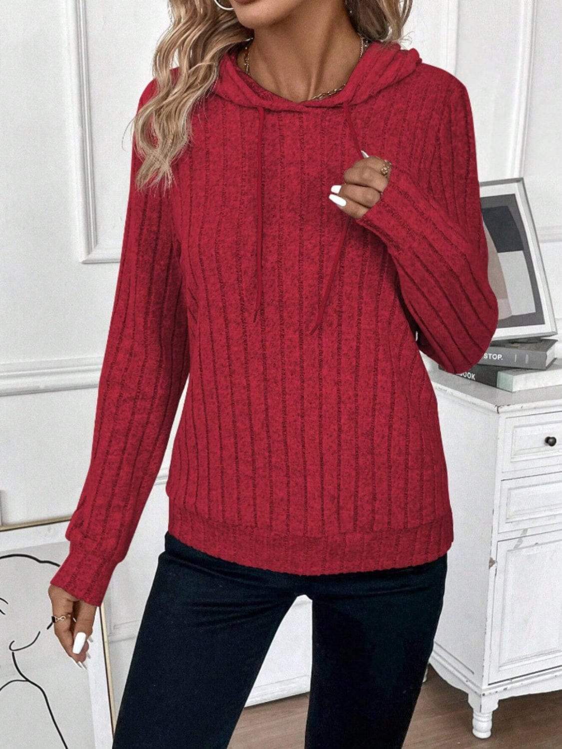Drawstring Ribbed Long Sleeve Hoodie - Trendsi - Flyclothing LLC