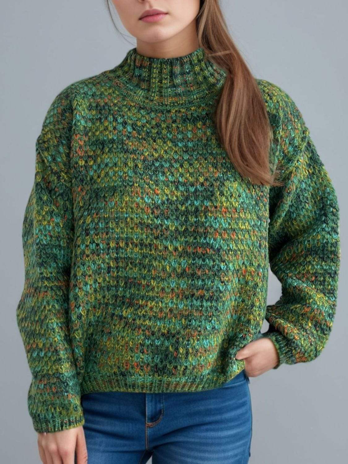 Heathered Turtleneck Dropped Shoulder Sweater - Trendsi - Flyclothing LLC