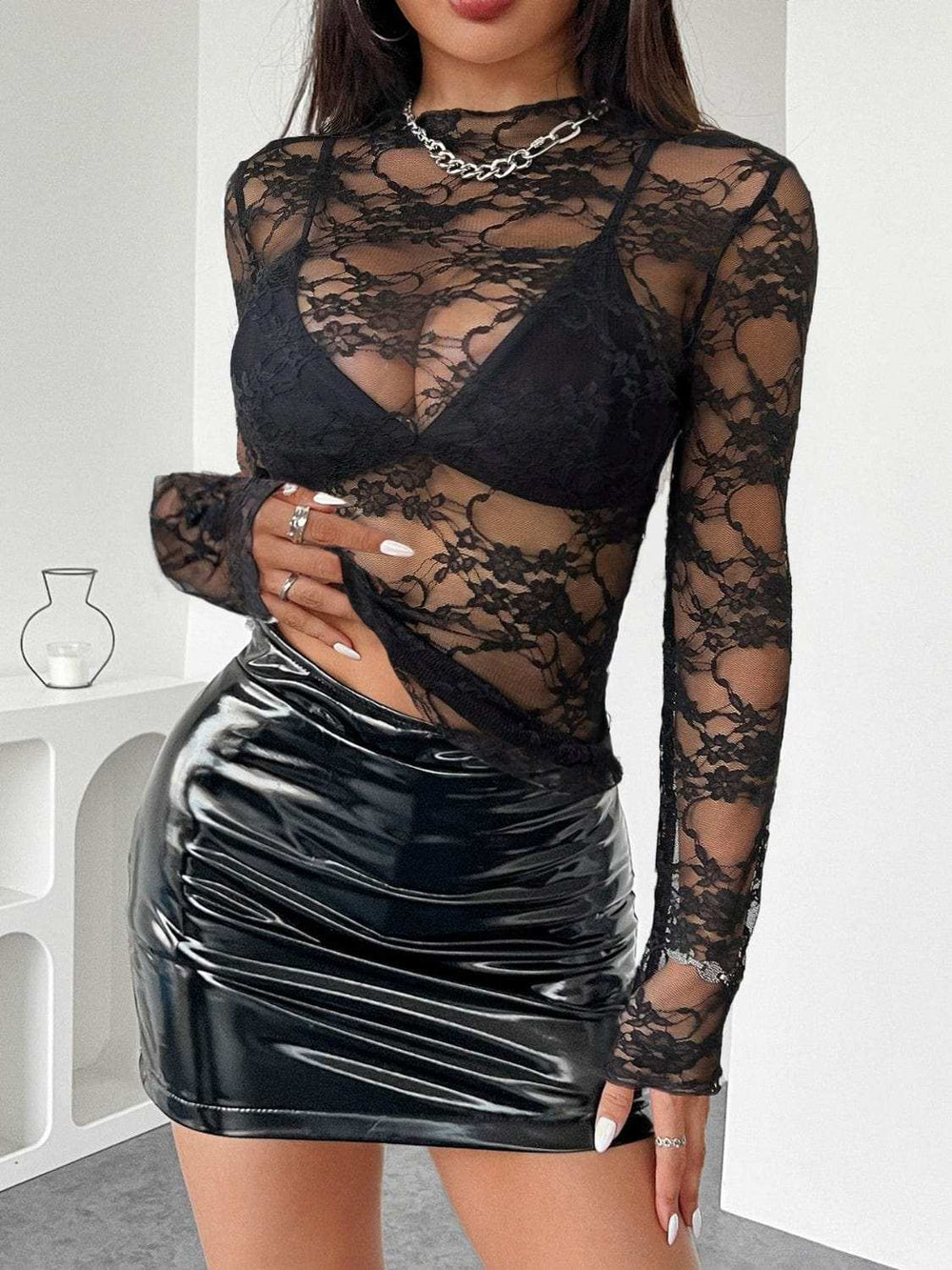 Mock Neck Long Sleeve Sheer Lace Top - Trendsi - Flyclothing LLC