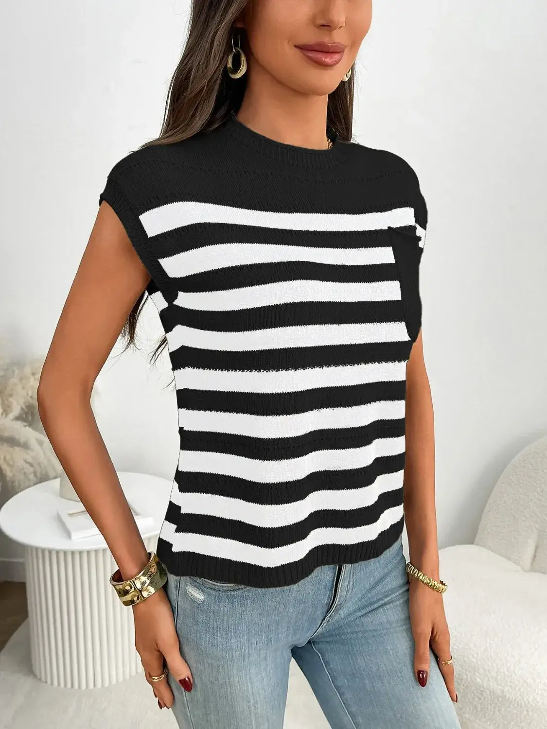Striped Mock Neck Cap Sleeve Knit Top - Trendsi - Flyclothing LLC