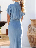 Collared Neck Tie Waist Short Sleeve Denim Dress - Trendsi
