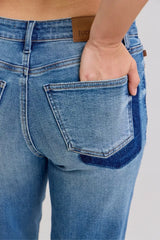 Judy Blue Full Size Mid Rise Bf Patch & Repair Destroy Release Hem Jeans Plus Size - Trendsi - Flyclothing LLC