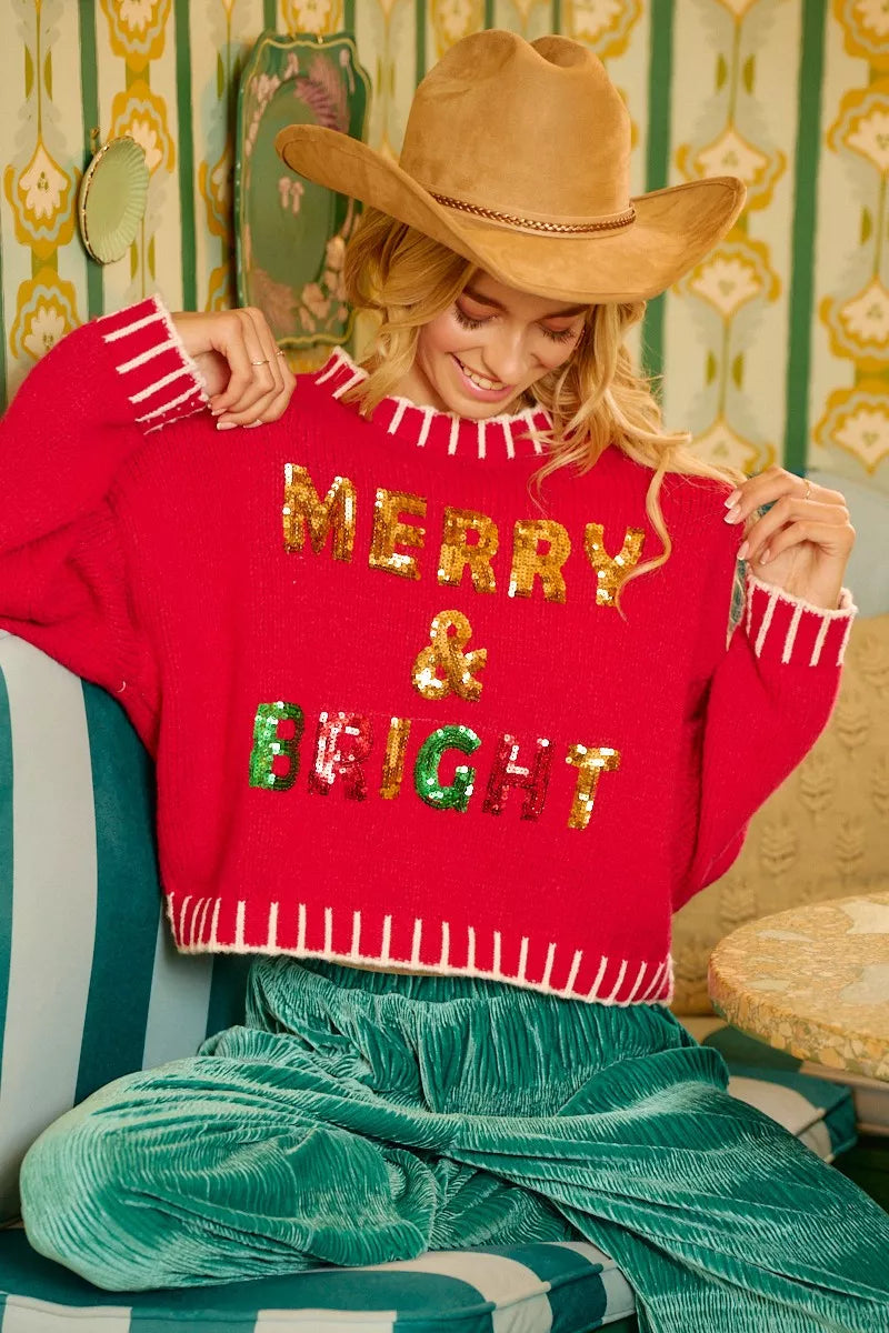 BiBi Christmas Theme Sequin Lattering Sweater - Trendsi - Flyclothing LLC