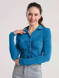 Ruched Button Up Long Sleeve T-Shirt - Trendsi - Flyclothing LLC