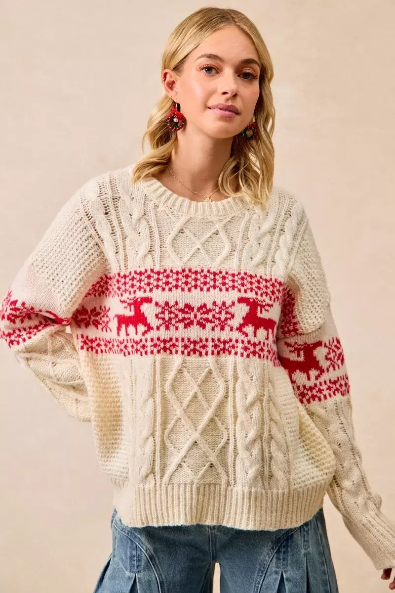 BiBi Christmas Theme Patterned Cable Knit Sweater - Trendsi - Flyclothing LLC