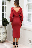 Surplice Neck Bow Waist Slit Sweater Dress - Trendsi