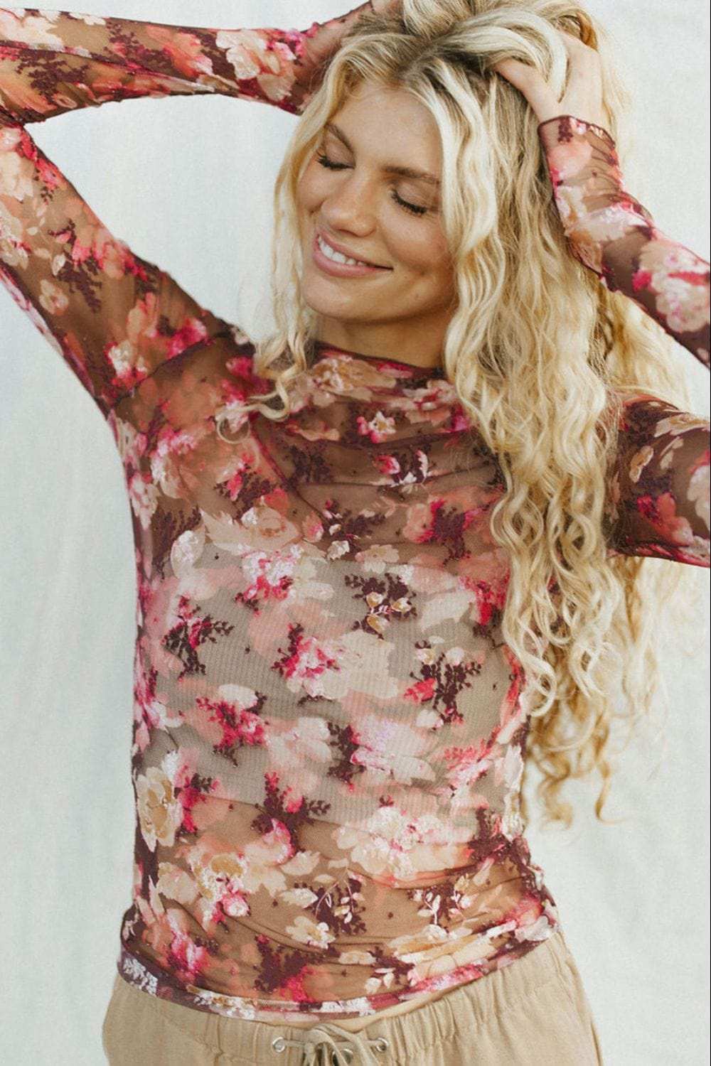Floral Mock Neck Long Sleeve Sheer Top - Trendsi - Flyclothing LLC