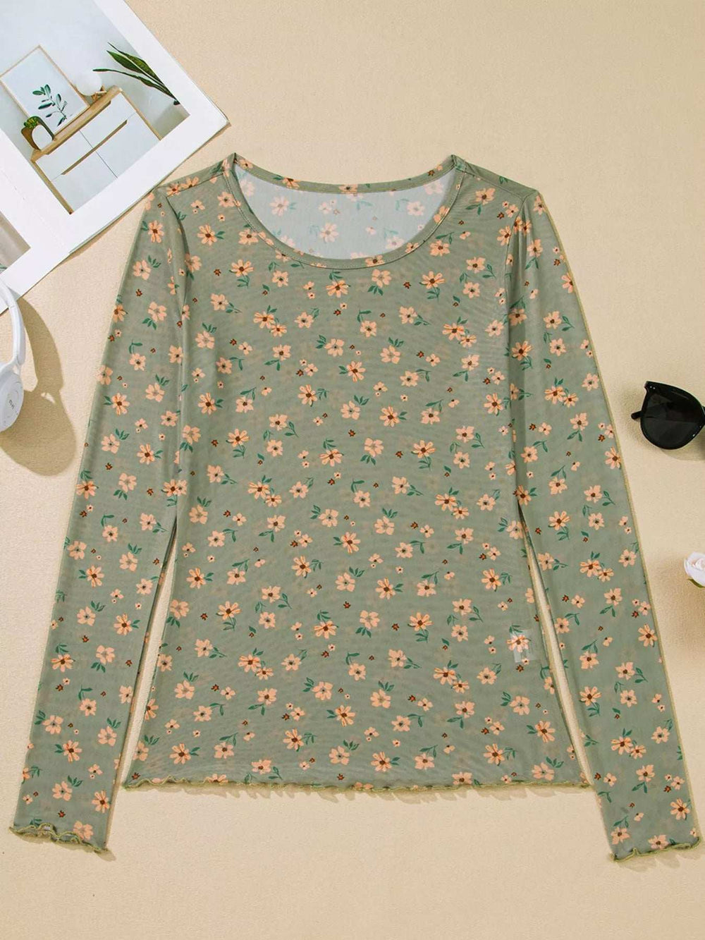 Floral Print Mesh Long Sleeve Top - Trendsi - Flyclothing LLC